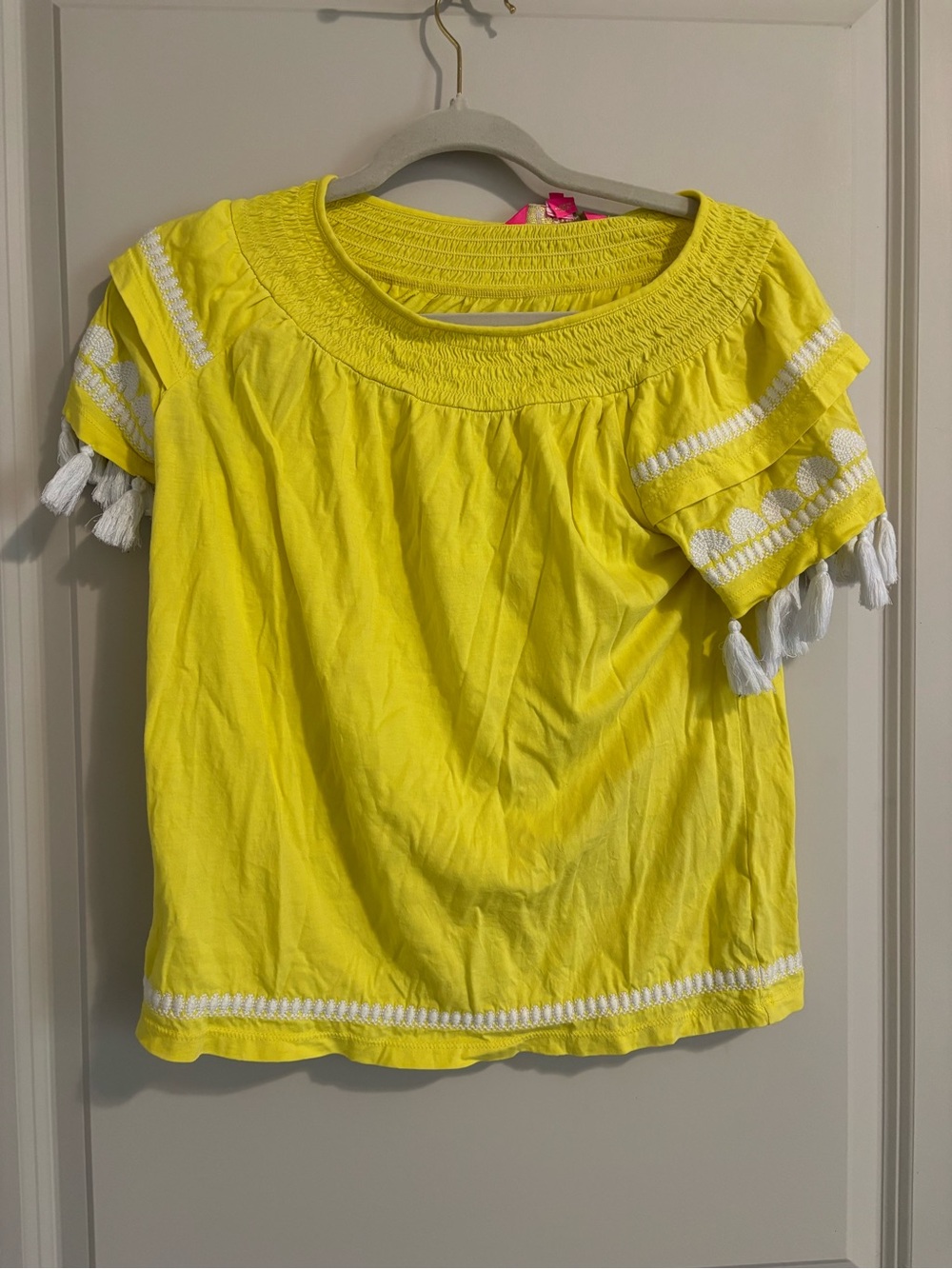 Lily Pulitzer Bright Yellow Tassel Sleeve Smocked Neck Top